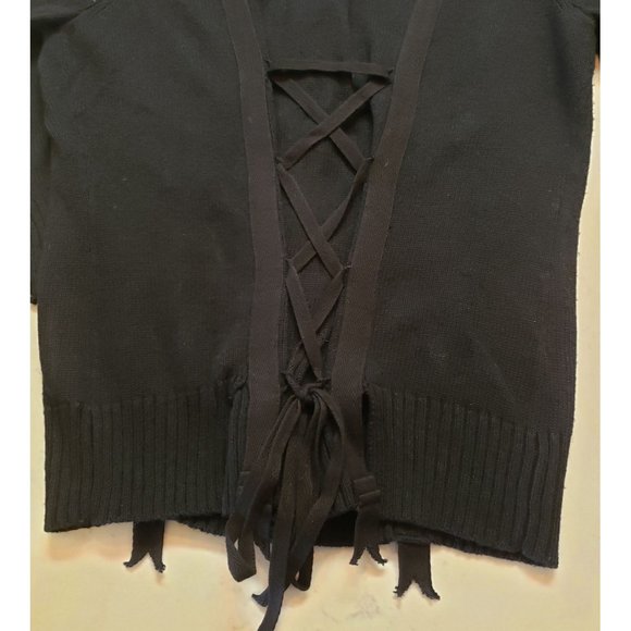 BCBG MAXAZRIA knit Cardigan size Medium Lambs wool black button  lace up back - Picture 6 of 12